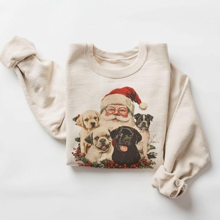 Vintage Santa and Puppies Christmas Sweatshirt - Vintage Holiday Dog Lover Crewneck - Cute Santa Claus with Lab, Pug...