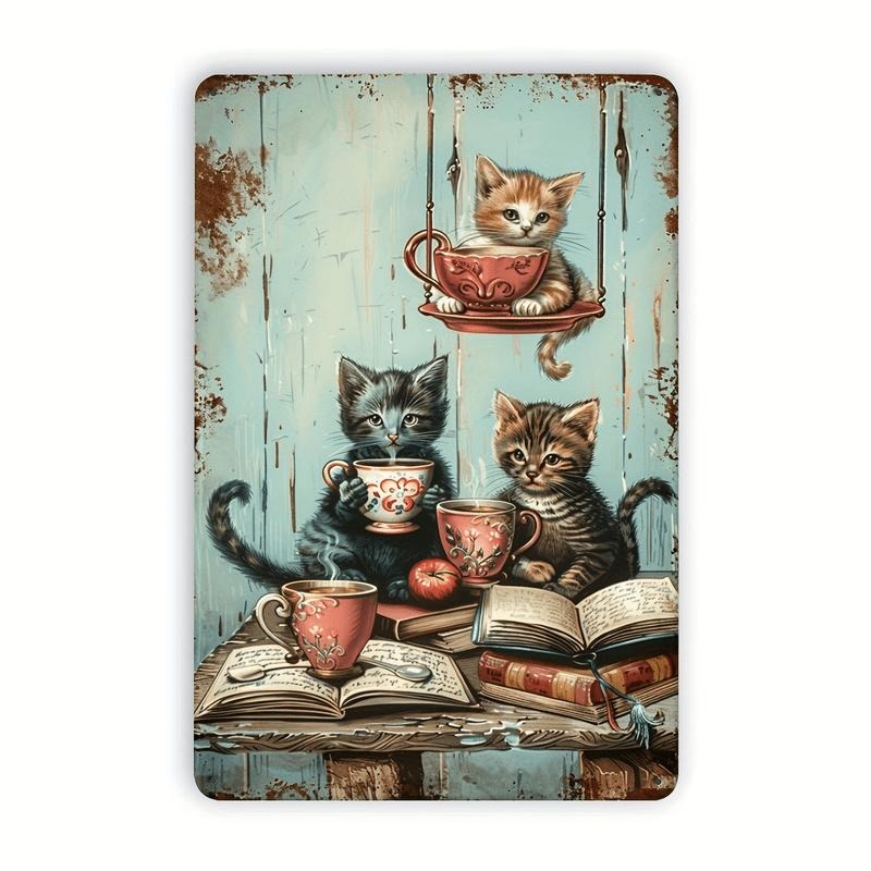 Vintage Tea Cat Metal Tin sign - Whimsical animal art for home, office or library decor, easy to hang 8x12 inches...
