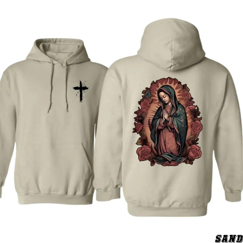 Virgin Mary Tattoo Art Hoodie - Unisex Sweater with Detailed Illustration of Virgin Mary Surrounded by Roses and a Cross...