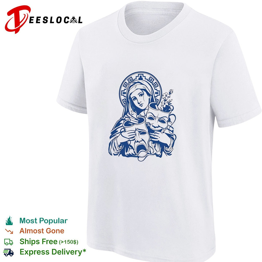 Virgin Mary cry now laugh later drama mask tattoo art shirt
