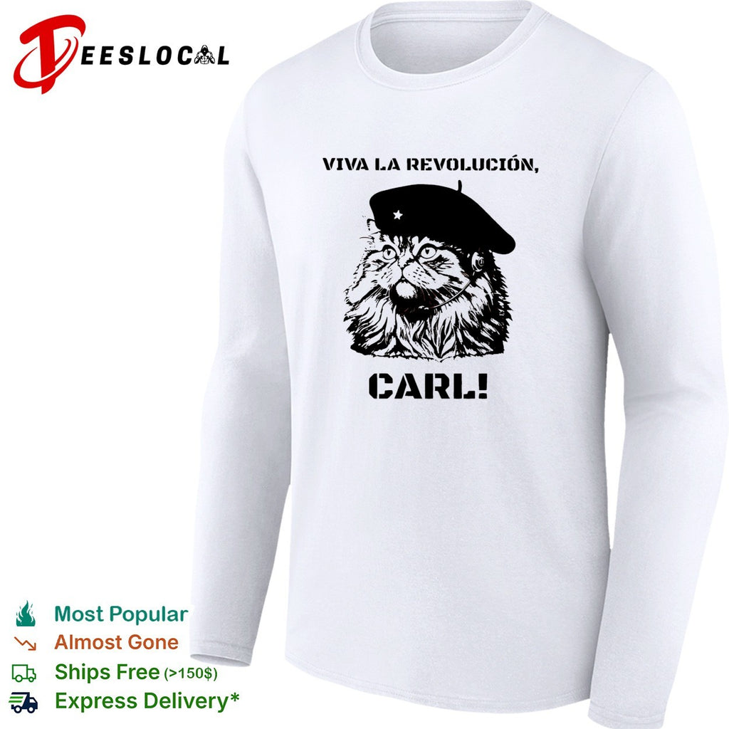 Viva la revolucion Carl cat wearing star beret and headset shirt