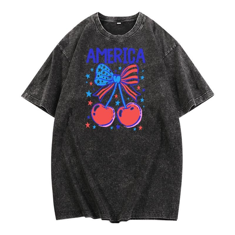 Washed - look Patriotic Celebration Tee: Honor America with a Festive Design Featuring a Bow and Cherries on a Washed T