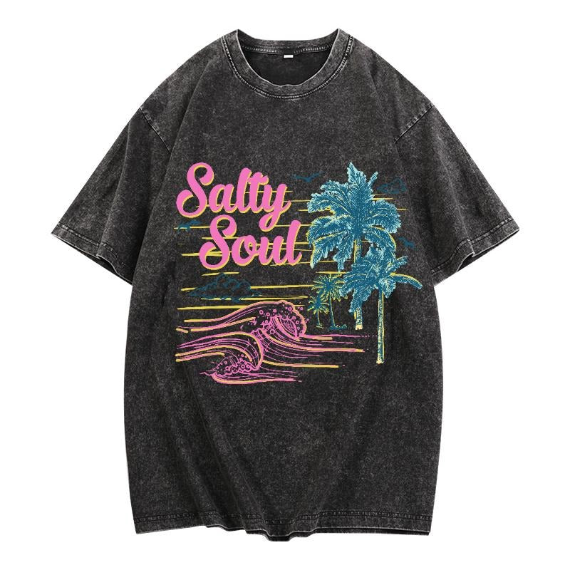 Washed T - Shirt Featuring "Salty Soul" Design: A Trendy Tribute to the Ocean