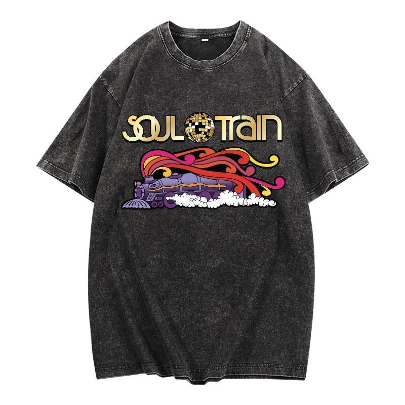 Washed T - Shirt with Retro - inspired "Soul Train" Design: Disco