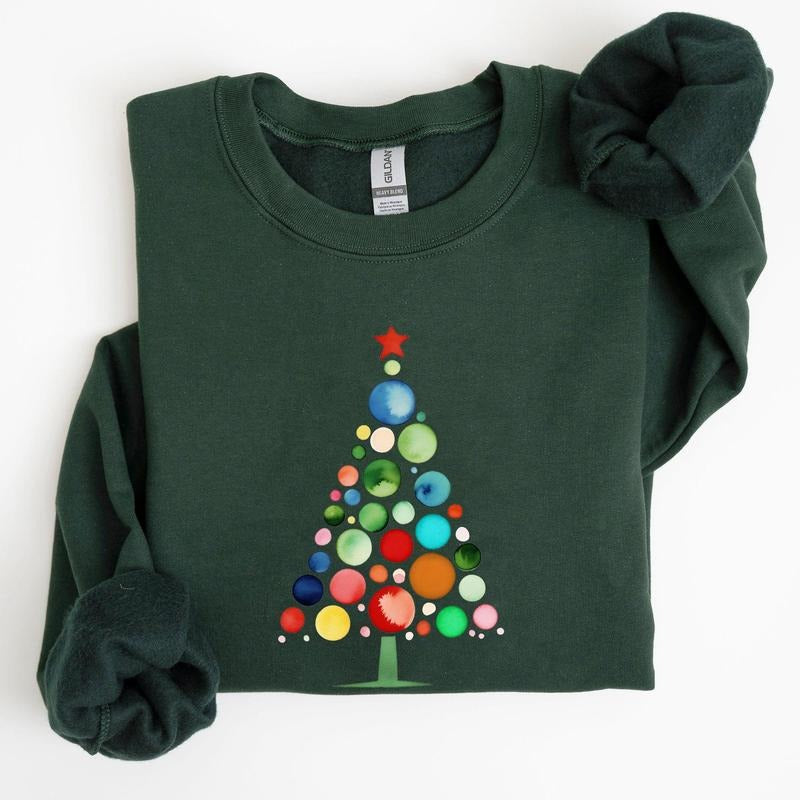 Watercolor Decorations Christmas Tree, Retro, Vintage, Winter, Snow, Xmas Sweatshirt, Women's Crew Neck, Crewneck...