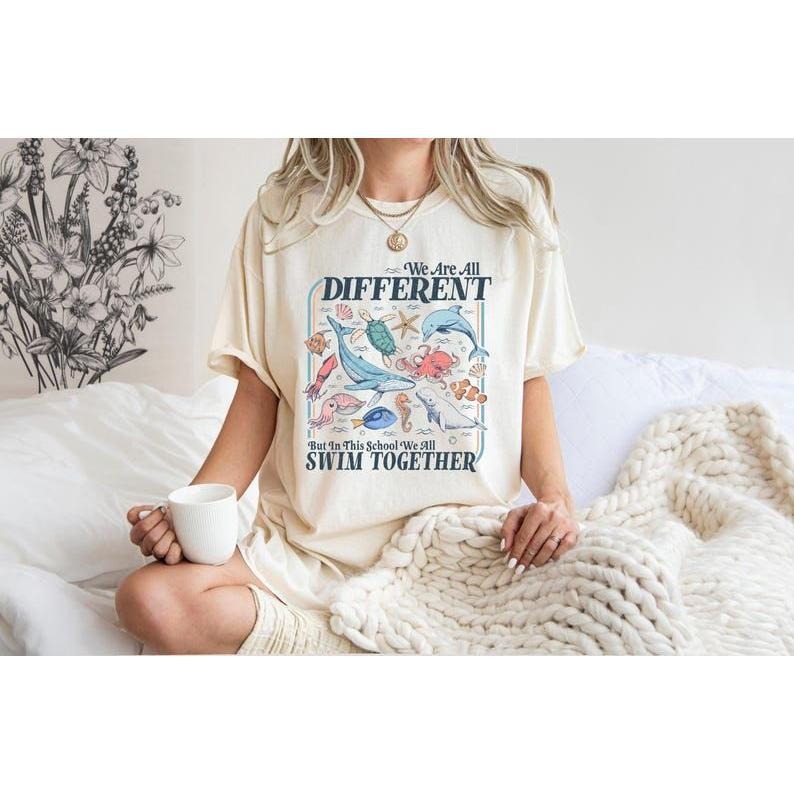 We Are All Different Swim Together Shirt, Teacher T-Shirt Back to School 2025, Inclusive Ocean Animals Tee, Teacher...