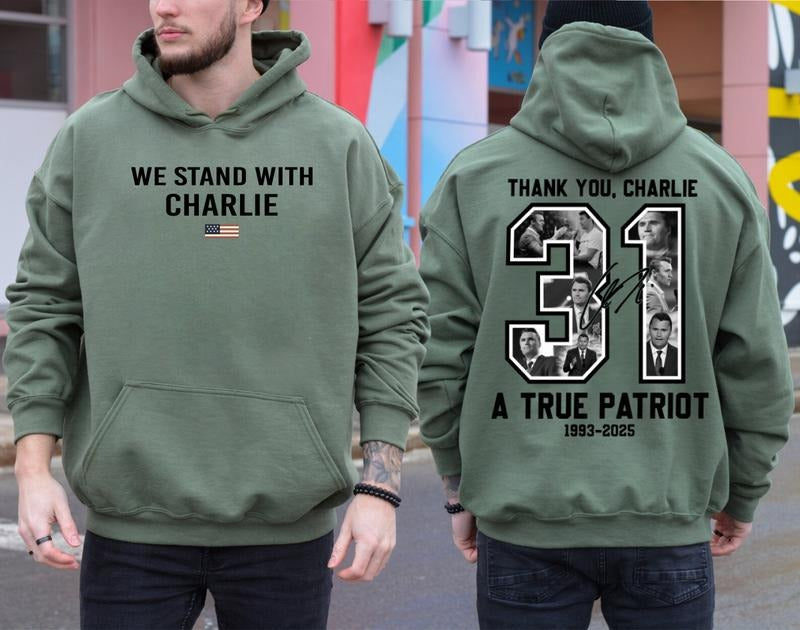 We Stand With Charlie Kirk Unisex Hoodie, A True Patriot Charlie Kirk Cotton sweatshirt, Pray for Charlie Kirk Sweaters,...