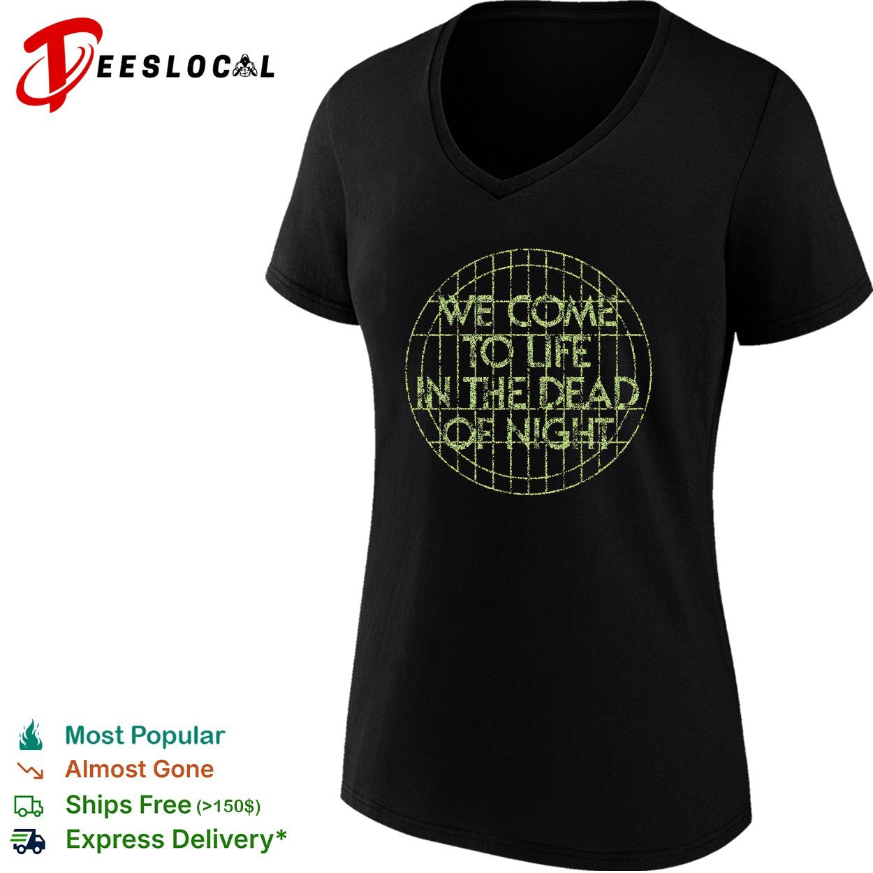 We come to life in the dead of night grid globe shirt