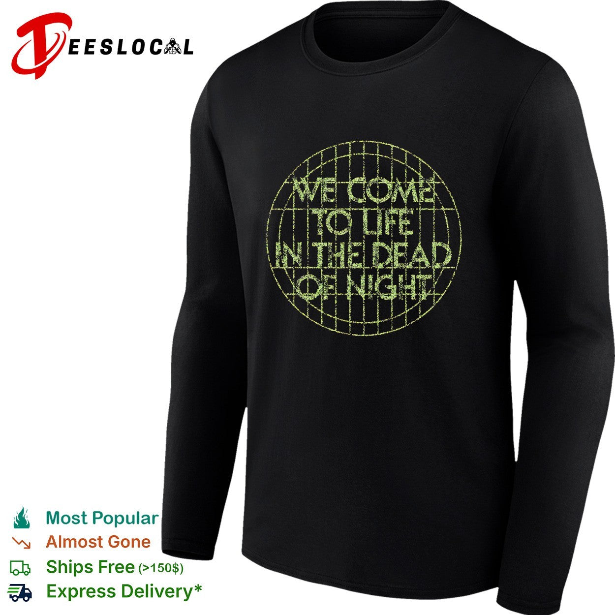 We come to life in the dead of night grid globe shirt