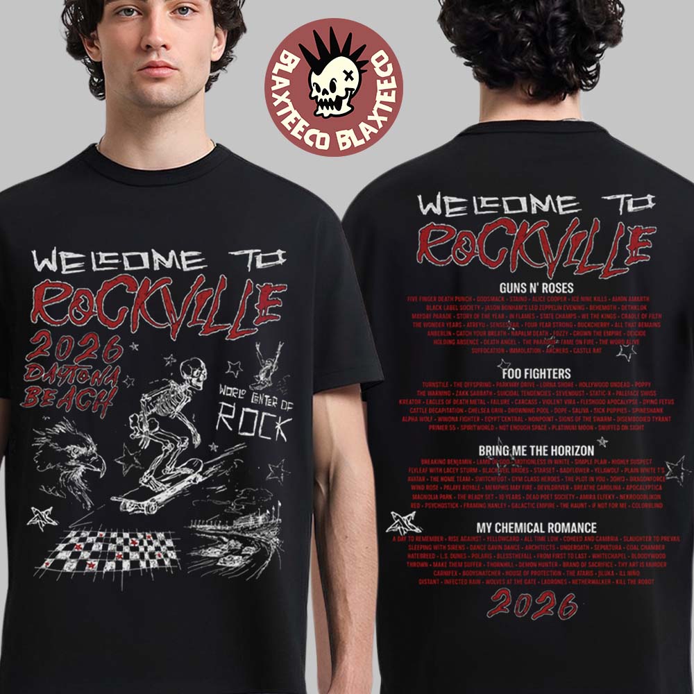 Welcome To Rockville 2026 Festival Merch Daytona Beach Florida Rockville Doodle Skating Skeleton With Lineup T-Shirt