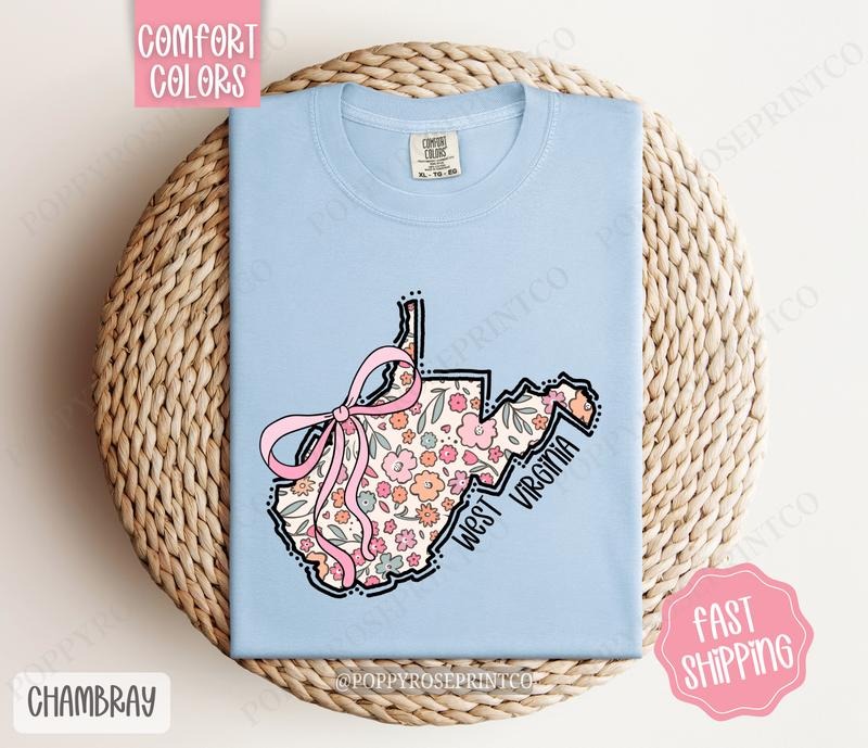 West Virginia Floral Bow Comfort Colors T-shirt, Cute Trendy Tee, State Coquette Oversized Top Hoodie, Sweatshirt