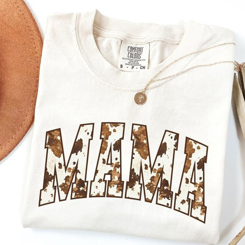 Western Cow Print Mama Shirt, Trendy Shirt for Mom, Country Mama Tee, Gift for Mom, Cowhide Mama T-Shirt Hoodie, Sweatshirt