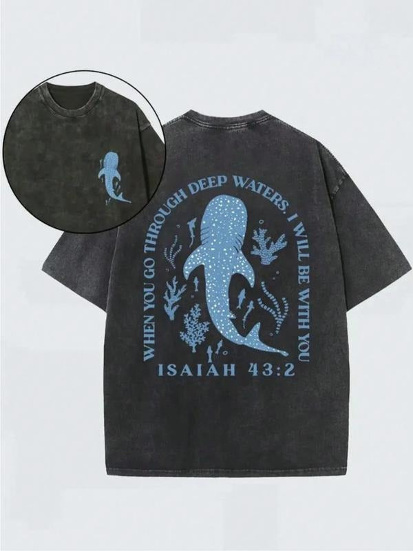 Whale Shark Print Vintage Wash Cotton Men's T-Shirt, Sleeveless Round Neck Short Sleeve Summer Casual Loose Fit Fabric...