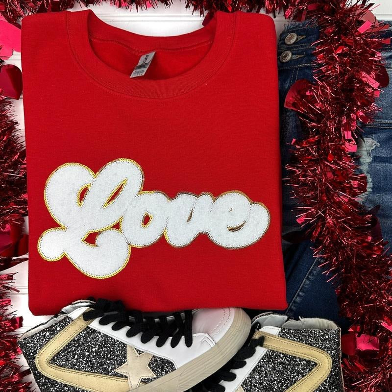White Chenille Love Patch Sweatshirt -- RED T-Shirts, Hoodie | PodTeesHub.com