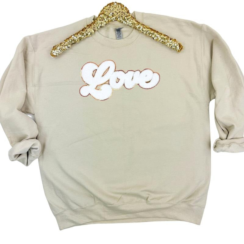 White Chenille Love Patch Sweatshirt -- SAND T-Shirts, Hoodie | PodTeesHub.com
