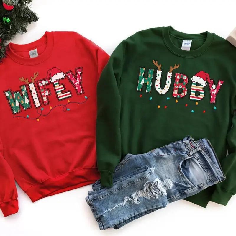 Wifey & Hubby Christmas Sweatshirt, Matching Couple Sweaters, Family Christmas Outfit, Holiday Gift, Cozy Casual...