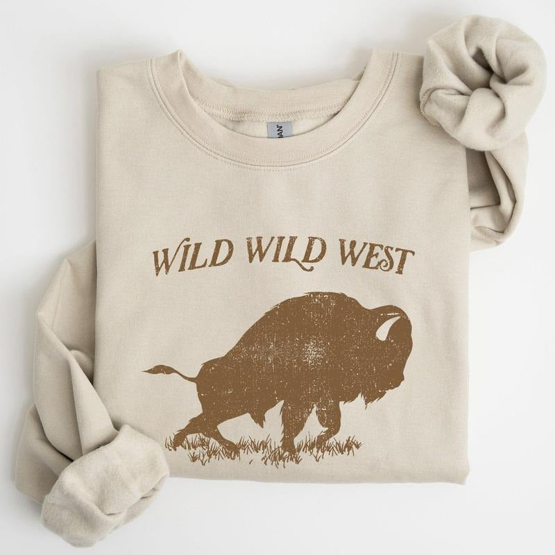 Wild Wild West, Buffalo, Country, Cowboy, Cowgirl Sweatshirt, Women's Crew Neck, Crewneck T-Shirts, Hoodie | PodTeesHub.com