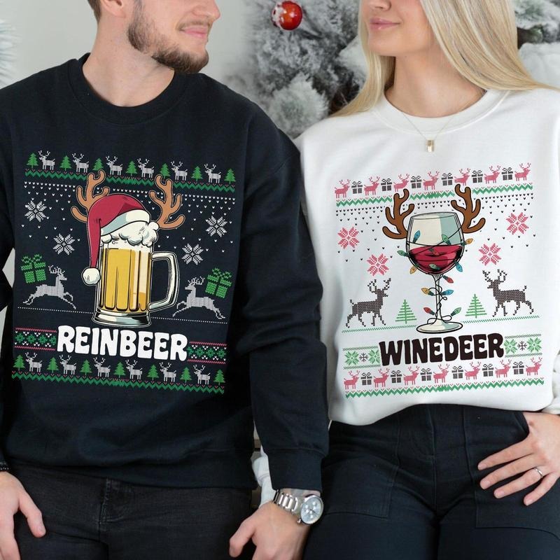 Winedeer Reinbeer Ugly Christmas Sweatshirts, Funny Couple Christmas Hoodie, Christmas Sweater T-Shirts | PodTeesHub.com