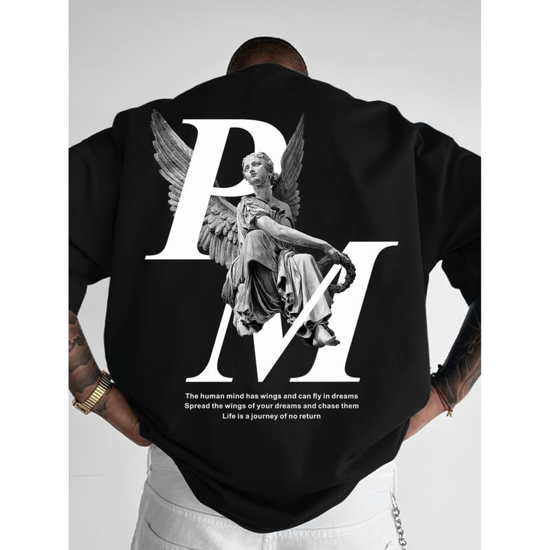 Winged Angel Graphic T Shirt Loose Fit Round Neck Polyester Streetwear With Inspirational Quote Casual Tee Relaxed Fit...