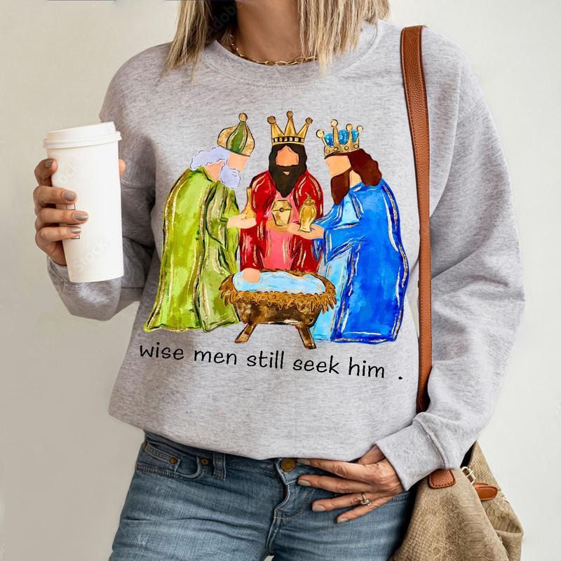 Wisemen Still Seek Him Christmas Holy Night Baby Jesus Sweater, Whimsical Jesus Birth Scene Sweatshirt, Religious Holiday...