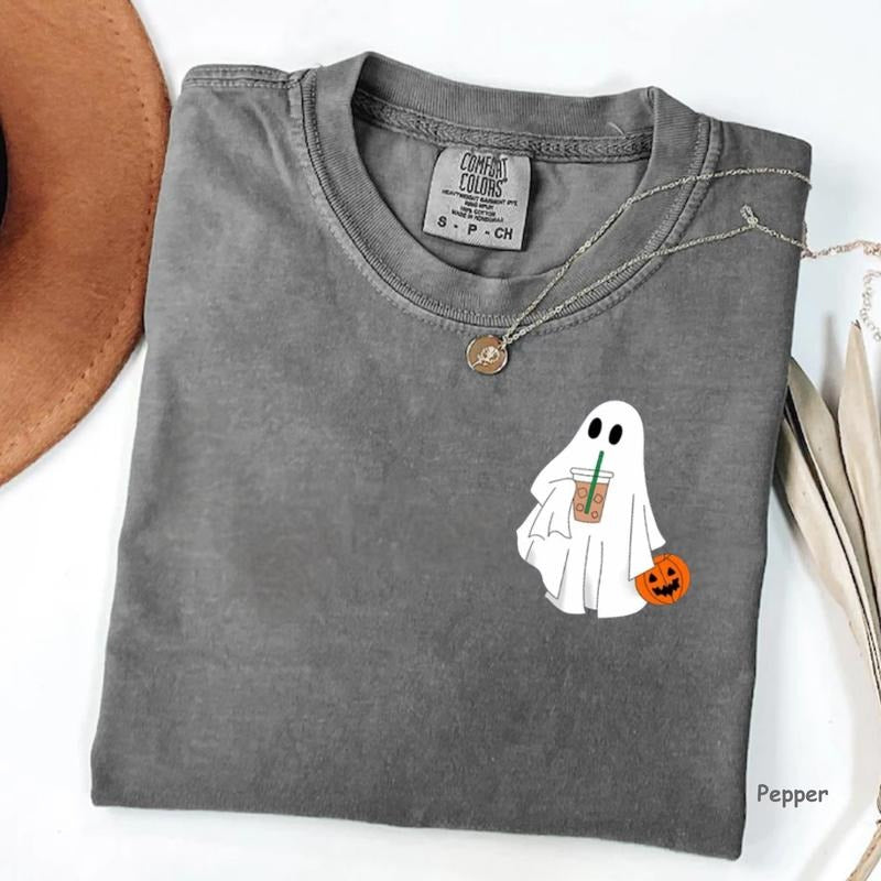 Comfort Colors Сute Ghost Coffee Shirt, Сute Little Ghost Iced Coffee Tee, Halloween Coffee Lovers Gift, For Man/Woman...