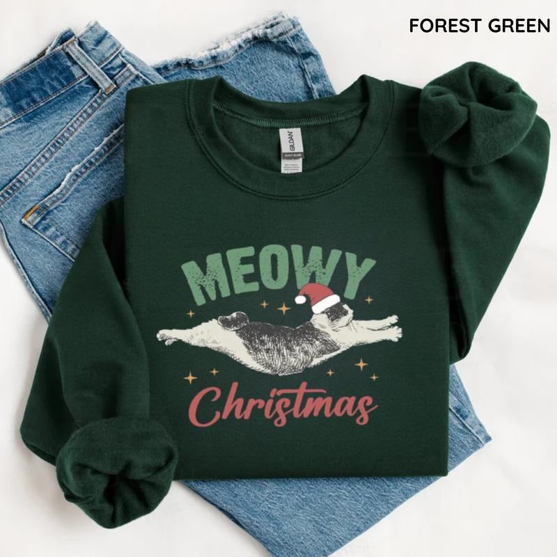 Cute Meowy Christmas Sweatshirt, Christmas Sweatshirt, For Men/Women - Unisex Style, 100% Cotton, Pullover Christmas...