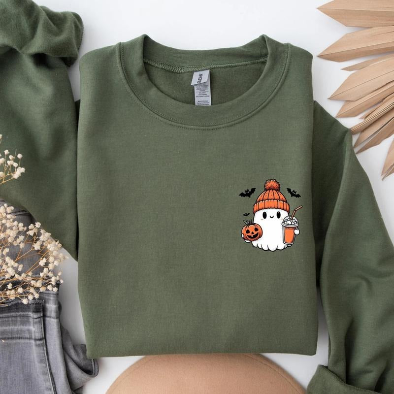 Little Ghost Ice Coffee Sweatshirt/T-Shirt, Halloween Graphic Clothing, For Men/Women