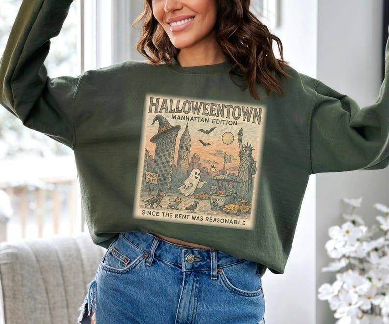 Funny Halloween NYC Sweatshirt/T-Shirt, Spooky Season Ghost & Pumpkin Graphic, For Men/Women