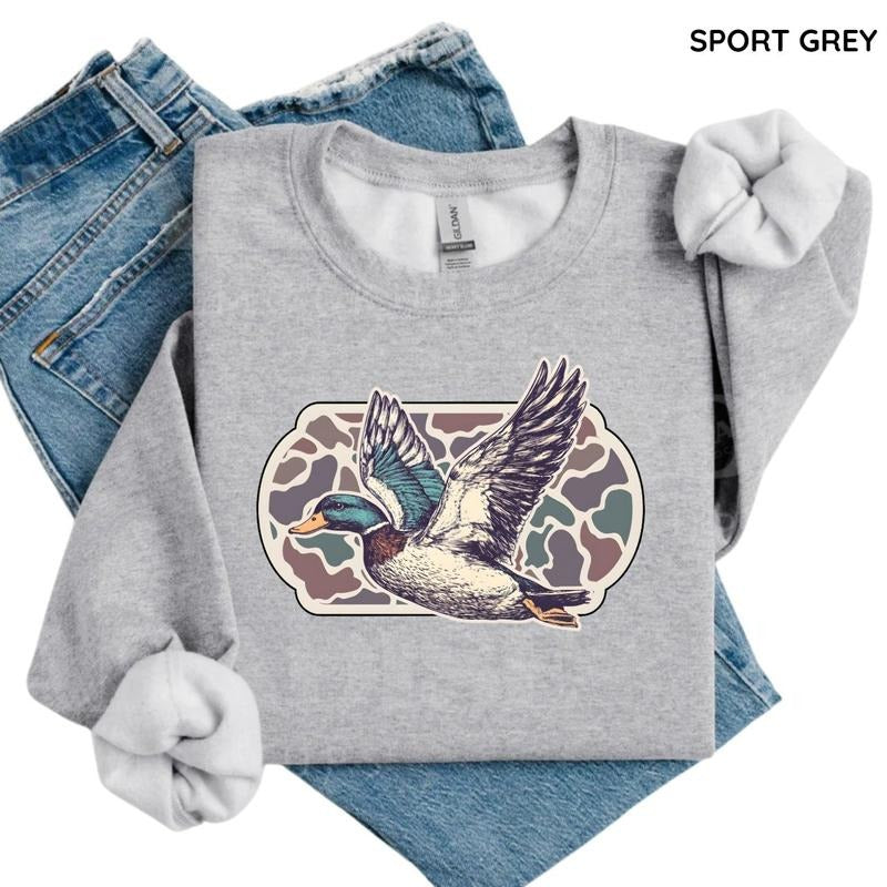 Vintage Camo Flying Mallard Bird Sweatshirt/T-Shirt, Retro Duck Hunting Graphic, For Men/Women