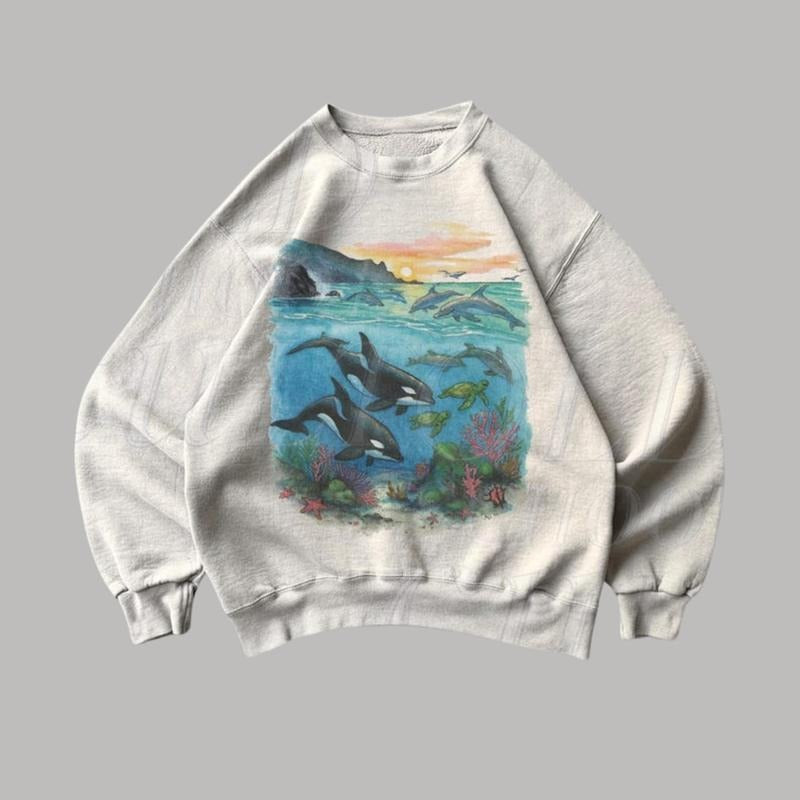 Orcas Sunset Sea Scene Vintage 90s Sweatshirt/T-Shirt, Ocean Gifts, Cozy Warm Unisex Sweater, For Men/Women