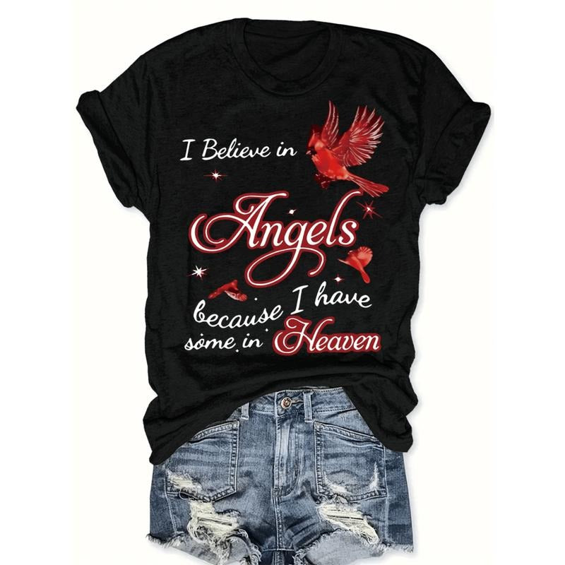 Women Angel Graphic T-Shirt Short Sleeve Crew Neck Polyester Top Casual Wear Geometric Pattern Knit Fabric 180GSM Hoodie,...