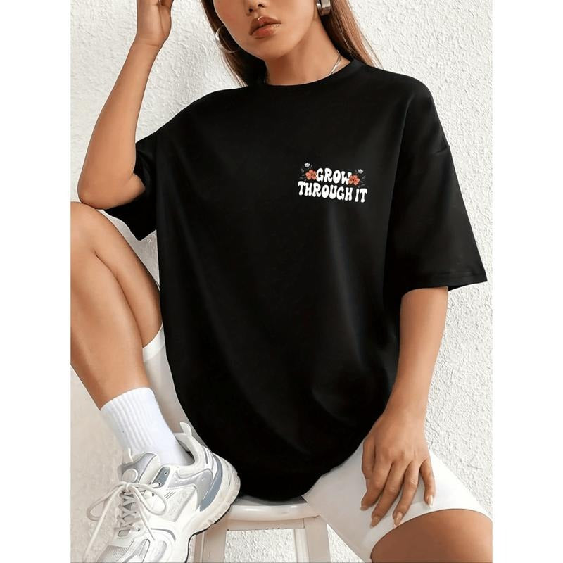 Women Black Geometric Floral Print Short Sleeve T Shirt Casual Round Neck Summer Comfortable Regular Fit Ladies Tee...