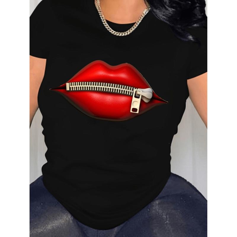 Women Black Short Sleeve T-Shirt With Metallic Lips Graphic Round Neck Top For Spring Summer Fall Fashion Hoodie, Sweatshirt