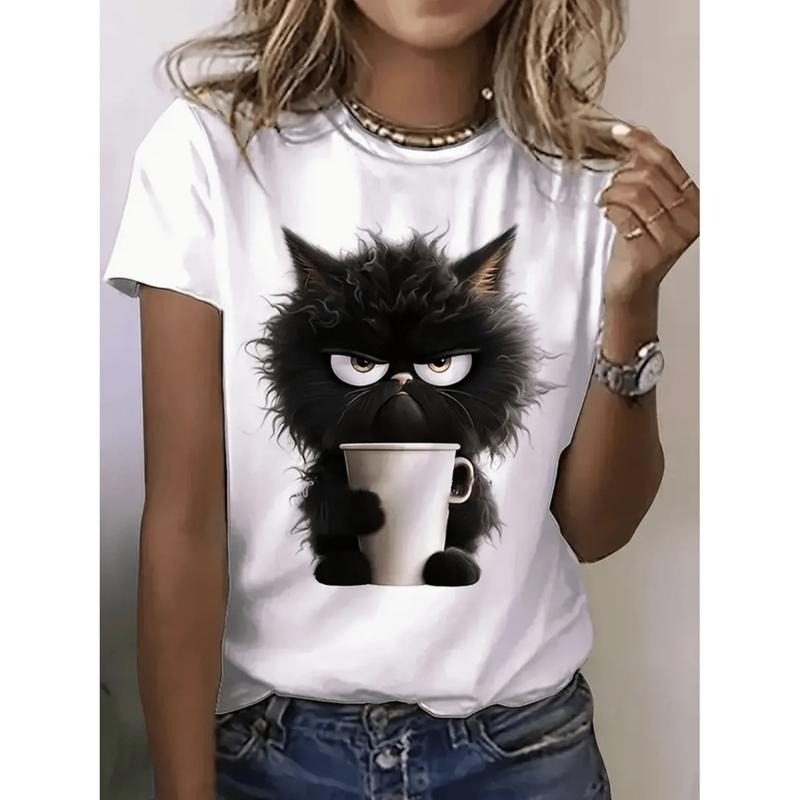 Women Casual Cotton T-Shirt With Black Cat Print Lightweight Round Neck Tee For Spring Summer Outfits Breathable...