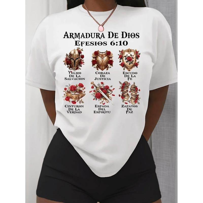 Women Casual Short Sleeve T Shirt With Spanish Scripture Print Stretchy Round Neck Faith Based Summer Apparel Washable...