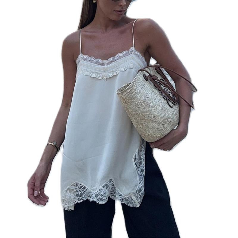 Women Chiffon Lace Patchwork Cami tops Spaghetti Strap Lace Trim Side Split Camisole Shirt Elegant Top Y2k Cute Going out...