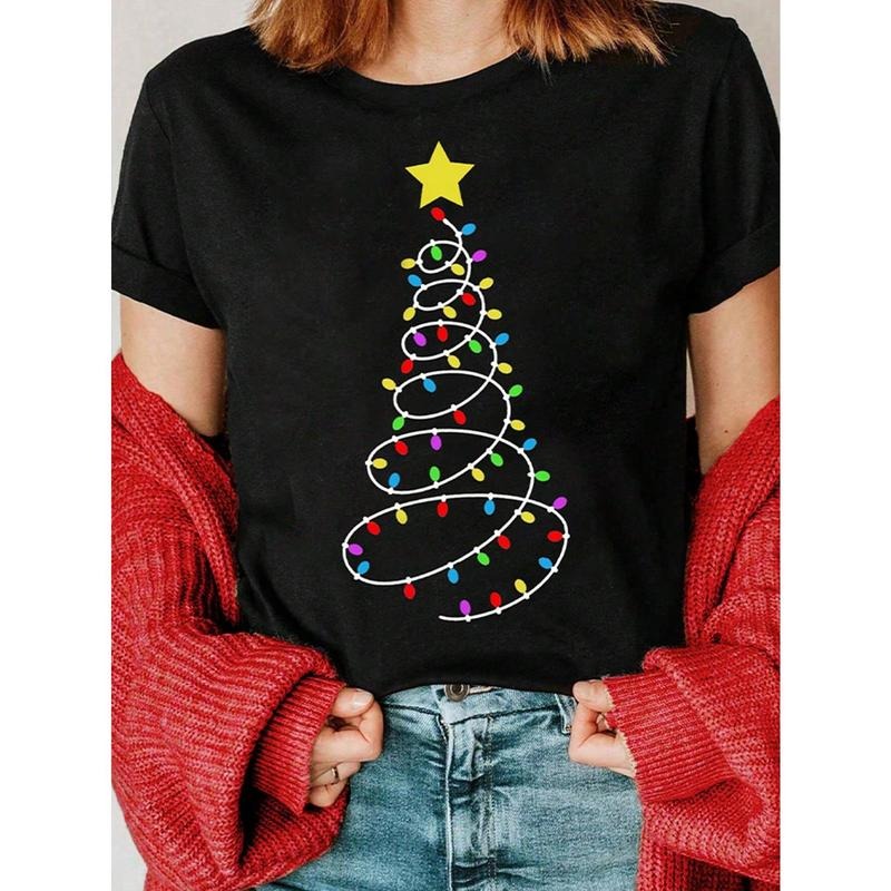 Women Christmas Casual Fashion Colorful Lights Christmas Tree & Star Print Basic Short Sleeve T-Shirt Graphic Tees Women...