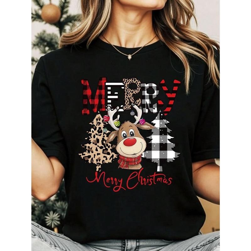 Women Christmas Casual Fashionable Cartoon Cute Reindeer & Leopard Print Christmas Tree Graphic Print Basic Short Sleeve...