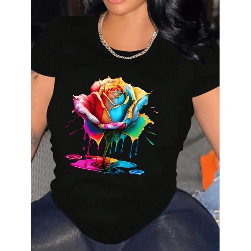 Women Floral Print Casual T-Shirt Polyester Blend Relaxed Fit Round Neck Machine Washable Spring Summer Black Hoodie,...