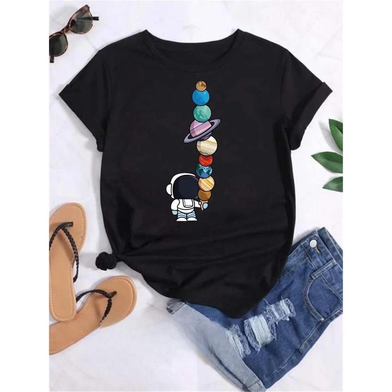 Women Funny Moon Space Planet Print T Shirt Girl Casual Round Neck Short Sleeve Clothes Female Vintage Tops Hoodie,...
