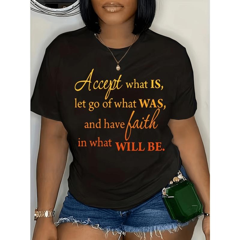 Women Large Size Gradient Letter Print Casual T Shirt Short Sleeve Round Neck Stretch Top Machine Washable Black Hoodie,...