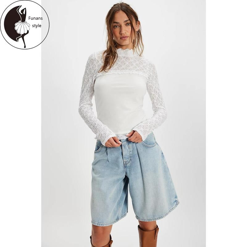Women Patchwork Lace TopsFit Mock Neck Long Sleeve Shirt Trendy Fall Streertwear Hoodie, Sweatshirt | PodTeesHub.com