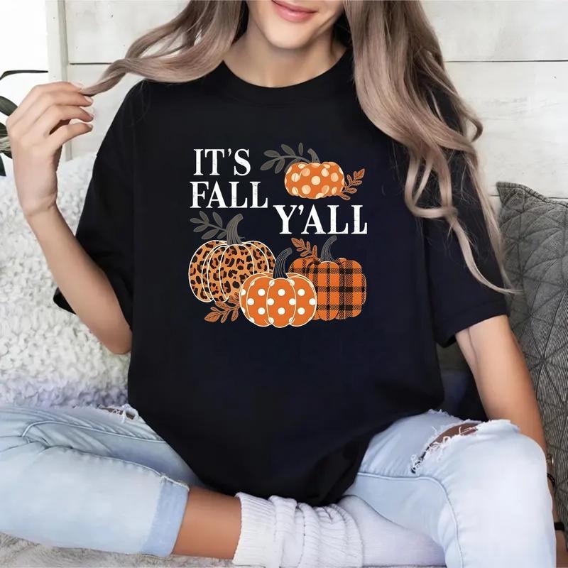 Women Pumpkin Graphic T-shirt Cotton T-shirt with Teal Pumpkin and Leopard details Fall Y'all Saying Lightweight...