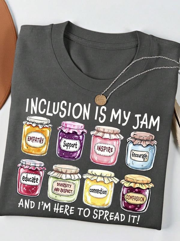 Women Round Neck T-Shirt With Canned Food Print, Casual Preppy T-shirt for All Seasons, Women Clothing for Daily Wear...