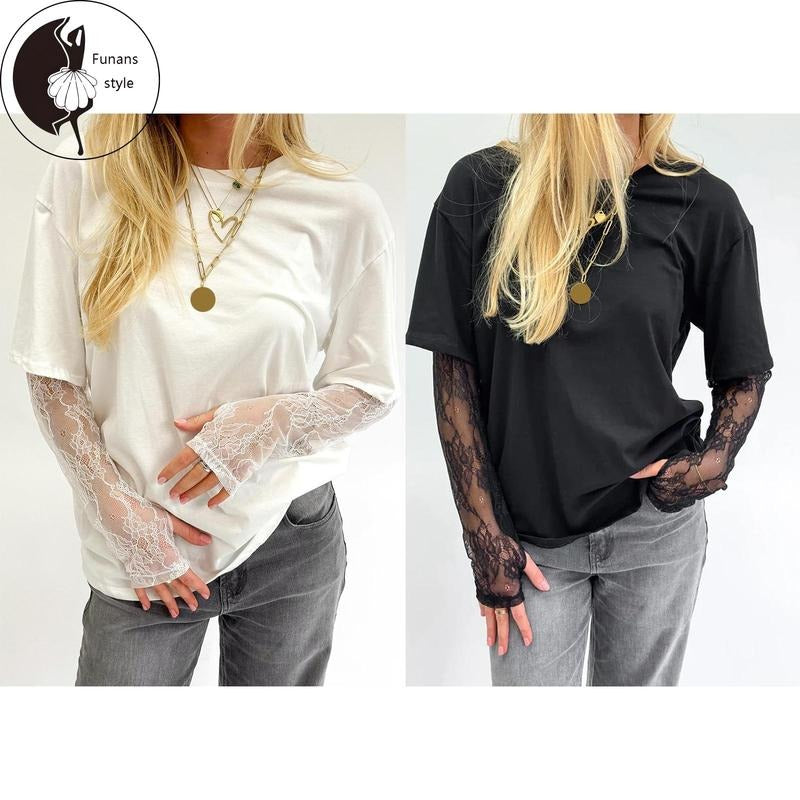 Women Round Neck T-Shirts Lace Long Sleeve Casual Shirts Spring Fall Loose Fit Tops Streetwear Hoodie, Sweatshirt