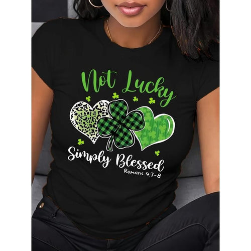 Women'S "Not Lucky, Simply Blessed" T-Shirt - Black Polyester, Casual Crew Neck, Short Sleeve, Knit Fabric, All-Season...