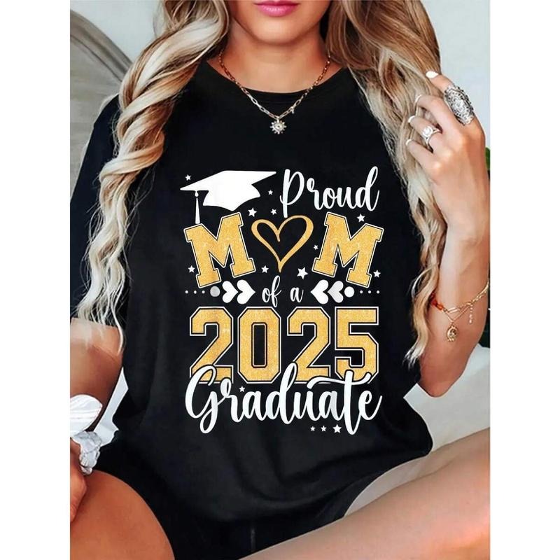 Women'S 2025 Graduation T-Shirt, Polyester 95% Spandex 5% Knit Fabric, Short Sleeve Crew Neck Casual Top with Letter...