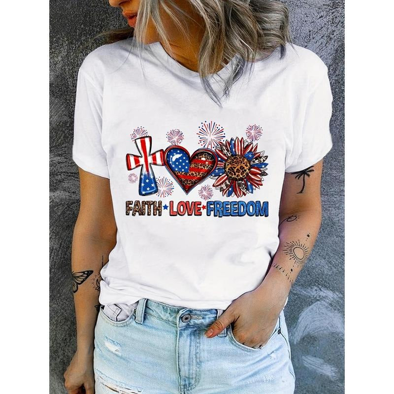 Women'S Patriotic T-Shirt, 100% Polyester Crew Neck, Geometric American Flag Print, Soft Knit Fabric, Regular Length,...