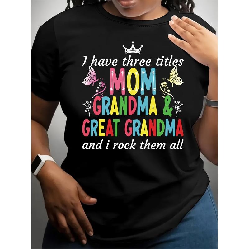 Women'S Polyester T-Shirt with "Mom, Grandma & Great Grandma" Letter Print, Casual Crew Neck Short Sleeve Top, Fabric,...