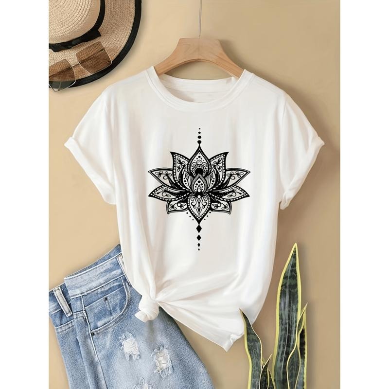 Women Stylish Short Sleeve T Shirt With Vibrant Print Round Neck Casual Top Medium Washable Fabric Detailed Graphic Tee...